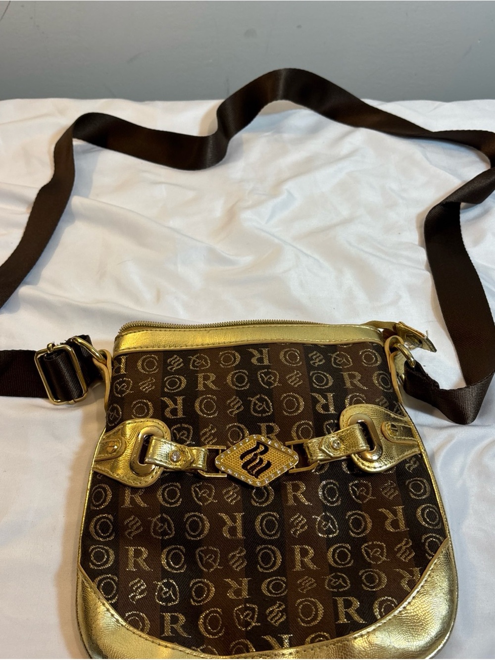 Roca Wear Monogram Crossbody Bag in Brown and Gold